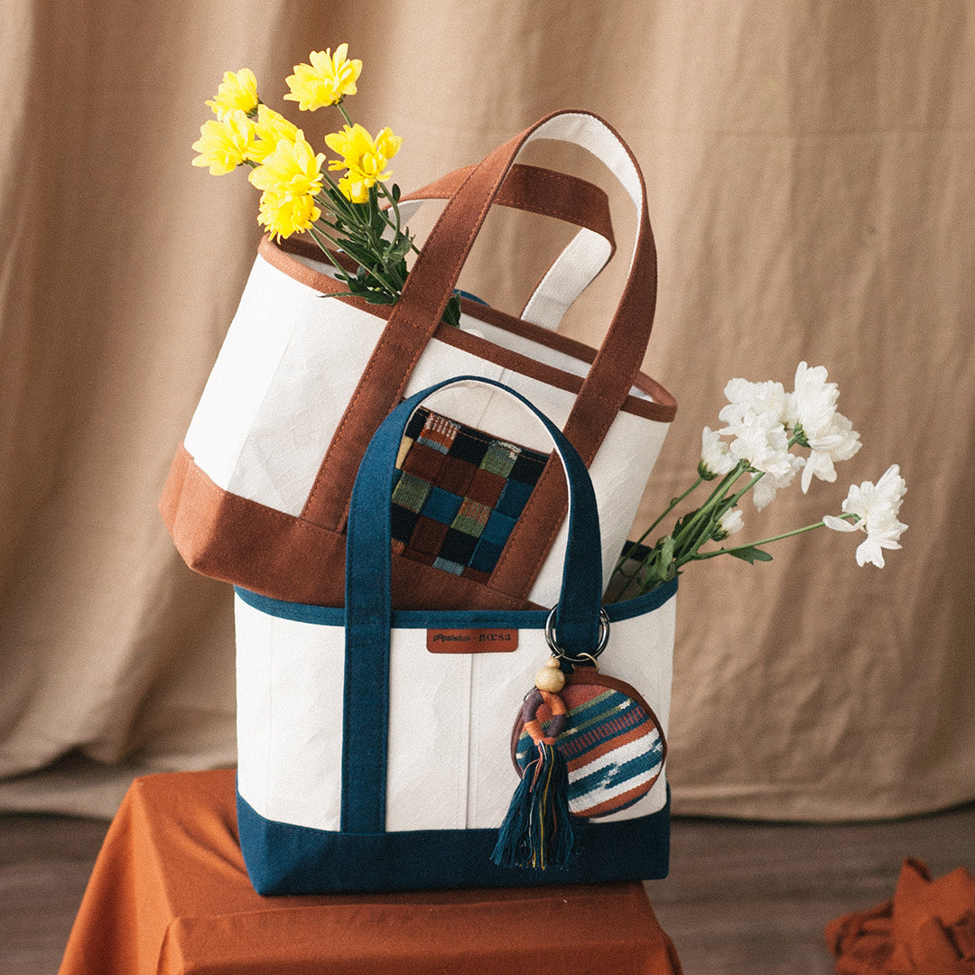 Uplcycled Bag with Ikat Weaving. Natural Dye. Noesa with Popsiklus