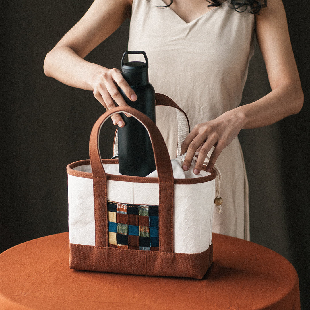 Uplcycled Bag with Ikat Weaving. Natural Dye. Noesa with Popsiklus