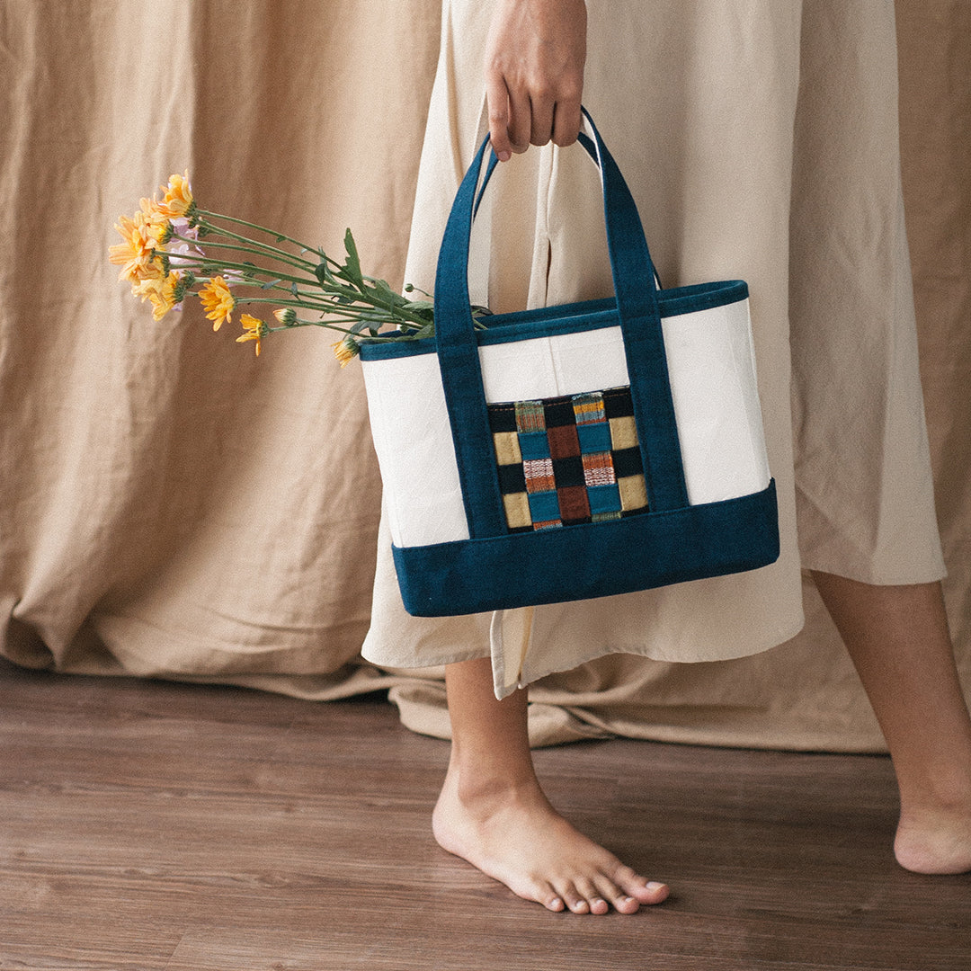 Uplcycled Bag with Ikat Weaving. Indigo Natural Dye. Noesa with Popsiklus